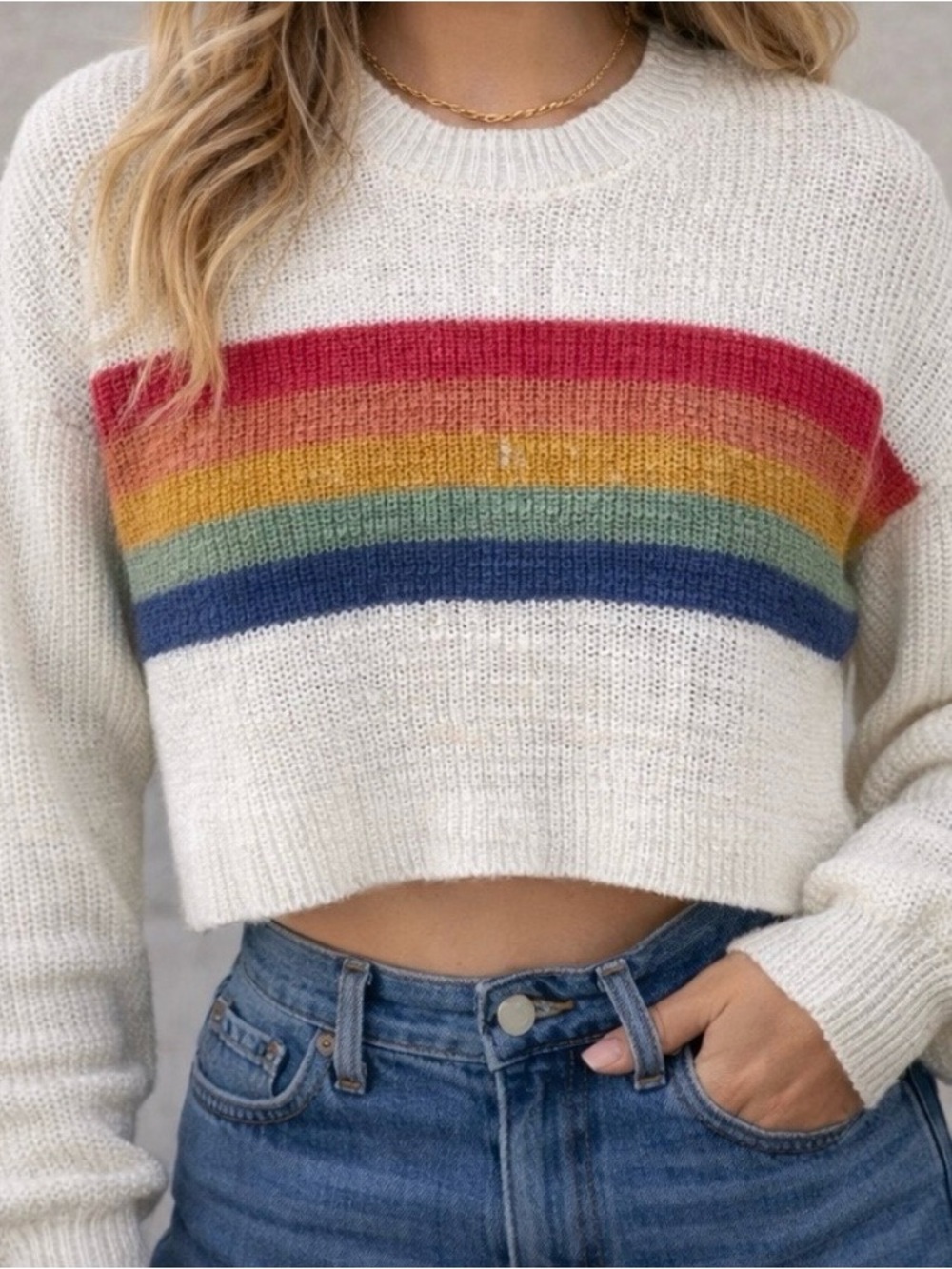 American Eagle Outfitters Cream Cropped Sweater with Rainbow Stripes